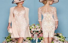 Vintage Bateau Sheath Lace Mother Of The Bride Dresses Plus Size Formal 34 Sleeve Knee Length Sheer Neck Applique Mother Groom Dr7789339