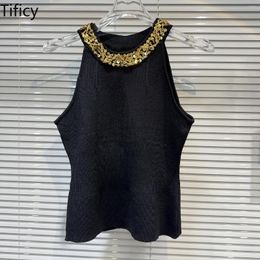 Women's Tanks Online Celebrity With The Same 2024 Summer Small Fragrance Ladies Gold Sequins Beaded Neck Knitted Camisole Tops
