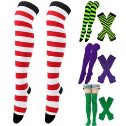 Sexy Socks 2023 Womens Stockings Arm Sleeve Gloves Set Striped Thigh High Socks Ladies Girls Black White Long Over Above Knee Socks Lolita 240416