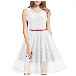 Casual Dresses Women's Lace V Neck Sleeveless Belt Large Size Layer Ruffle Hem Dress Women Solid Color Plus Vestido Robe