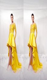 2022 Yellow Short Front Long Back Homecoming Dresses With Illusion Long Sleeves Modest Applique High Low Prom Party Gowns For Girl9695736