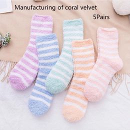 Women Socks 5 Pairs Women's Autumn And Winter Striped Coral Fleece Sleep Thickened Warm Mid-Calf Home Simple Floor