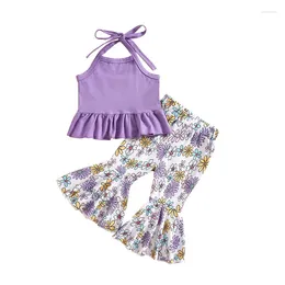Clothing Sets Bmnmsl Baby Girls Summer Outfit Tie-up Halterneck Backless Vest With Flower Print Flare Pants 2-piece