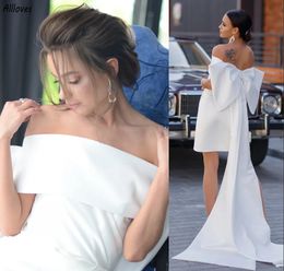 Simple Off Shoulder Short Wedding Dresses For Women Elegant Satin Sheath Boho Garden Beach Bridal Gowns with Large Bow Train Modest Bride Reception Robes CL3492