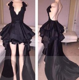 Customise Elegant Black Cocktail Dress Deep VNeck Lace Top Layered Satin Bottom Evening Gown Sexy Short HiLo Prom Dress with Lon9209371