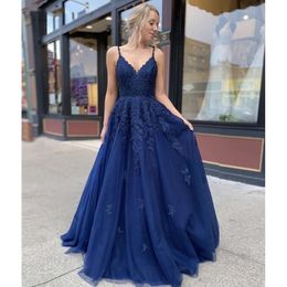 Navy Blue Prom Dresses Long Spaghetti Strap Lace Up Back A Line Appliques Formal Women Evening Gown Vestido De Fiesta