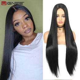 Wignee Long Straight Wig 30 Inch Black Wig Middle Part Lace Wigs With High Lights Synthetic Hair Wigs For Black Women Cosplay 240409