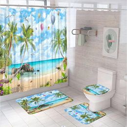 Shower Curtains Tropical Beach Scene Curtain Set Bathroom Decor Hawaiian Palm Trees Summer Islands Natural Sea Bath Mat Rug Toilet Cover