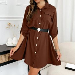 Casual Dresses 2024 Spring Women Shirt Solid Color Lapel Long Sleeve Dress Pockets Button Down For