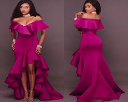 Dark Fushia Prom Dresses Sexy South African Off The Shoulder Evening Gowns High Low Ruffles Plus Size Women Formal Party Dress Che1087997