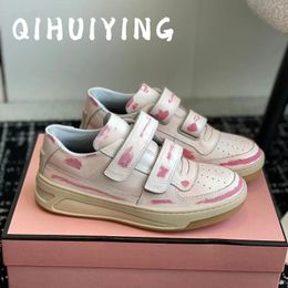 Casual Shoes Street Style Genuine Leather Thick Sole Magic Tape Sneakers White Colour Athletic College Bota Feminina