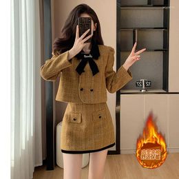 Work Dresses Fall And Winter Women's Set Elegant Luxury Love Buttons Bow Black Tweed Jacket Skirt Suit Korean Thickened 2-piece 2024