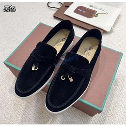 LP piano Summer Walk Charms embellished suede slippers Mules Closed toes shoes Genuine leather casual slip on flats for women Luxury Designers shoe factory d4