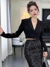 Women's Suits Black Work Style Business Formal Short Suit Women Ladies Clothes Luxury Long Sleeve Cropped Coat Blazer Jacket Mujer Outwear