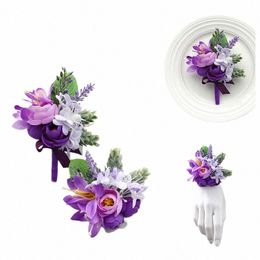 yo CHO Wedding Boutniere Wrist Corsage Bracelet Bridesmaid Men Corsage Purple Silk Roses Orchid Marriage Prom Wedding Supplies W5F7#