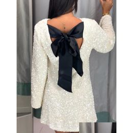 Basic & Casual Dresses Fashionable Shiny Sequins Mini Womens Wear Long Sleeve Bow Unique Short Skirt Elegant Holiday Evening Dress Pa Dhiu8