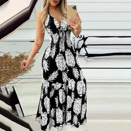 Casual Dresses Summer Women Hanging Neck Strap High Waist Printed Long Dress Sexy Female Vestidos