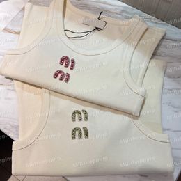 Miu Pink Green Rhinestone T Shirts Beaded Letter Crop Tops Women Knitted Tank Tops Designer Lady Clothing