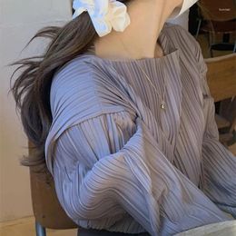Women's T Shirts Korean Chic Autumn Gentle Round Necked Shirt With Pleats And Loose Violet White Long Sleeved Top Female Clothing