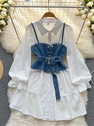 Work Dresses Spring Autumn High-end Light Mature Temperament Long-sleeved Dress White Denim Small Suspender Two-piece Set Vestidos Women