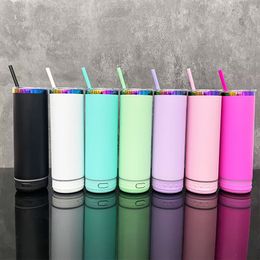 RTS 20oz matt macaron powder coated mirror rainbow plated laser engraved tumbler outdoor sports travel USB charging smart music player water bottle with color straw