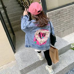 Jackets 2024 Spring Autumn Girls Denim Jacket Flower Love Coats Fashion Kids Outwear Ripped Jeans Clothes For Children XMP122