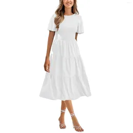 Casual Dresses Women'S Summer Short Sleeve Midi Dress O-Neck Smocked Tiered A Line Flowy Elegant For Women Long Dresser