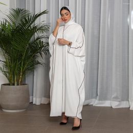 Ethnic Clothing Modest Kimono Abaya White Middle Eastern Muslim Dubai Cardigan Robe For Women Contrast Patchwork Trim Islamic Eid