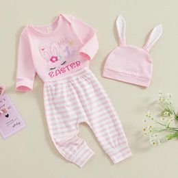 Clothing Sets Born Baby Girl My 1st Easter Outfit Clothes Long Sleeve Romper Elasticated Waist Stripe Trouser Ear Hat