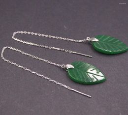 Dangle Earrings Real S925 Sterling Silver For Women Green Jadeite Jade Leaf Ethnic Style Line 5inch Length