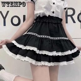 Lace Ruffles Women High Waist Tutu Aline Skirt Black Cake Skirts Elastic Lolita Sweet Cute Preppy Style Fashion Summer 240416