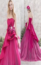 Gorgeous Fushia Tiered Ruffles Prom Dresses 2017 Crystals Beaded Strapless Lace Up Evening Gowns Floor Length Arabic Formal Wear4058667
