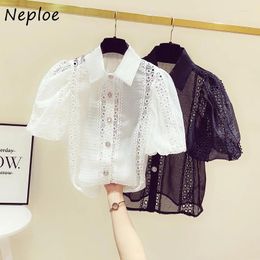 Women's Blouses Neploe Elegant Vintage Lace White Shirts Women Summer Puff Sleeve Hollow Out Y2k Lapel Neck Diamond Blusas Mujer