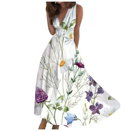 Casual Dresses Summer Women's Long Dress Sleeveless V Neck Flowy For Women Boho Floral Printed Holiday Sundress Vestidos Robe 2024