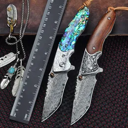 VG 10 Damascus Steel Folding Knife Tactical Hunting Pocket Knife Ball Bearing Wooden Handle/Caibei Self Defense Camp EDC Tool