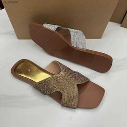 Slippers Luxury Crystal for Women Summer Shoes Fashion Casual Comfortable Bling Designer Chinelos Square Toe Flat Heel Slides H240416 O6UE