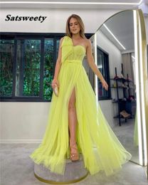 Party Dresses Yellow One Shoulder Prom Dress A Line Tulle Sweetheart Formal Evening Gowns High Slit Corset Simple Long