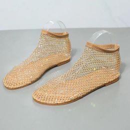 Sandals Women's Round Toe Flat Bottom Summer Slip-On Hollow Mesh Short Boots Fashion Water Diamond Sexy Banquet Slippers