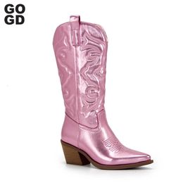 Fashion Cowboy GOGD 199 Short Ankle for Women Chunky Heel Cowgirl Embroidered Mid Calf Western Boots 240407