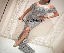 Sparkly Sliver Sequined Mermaid Evening Dresses 2020 Yousef Aljasmi High Neck Front Split Cheap Arabic Formal Prom Dresses Evening3482691