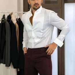 Men's Casual Shirts Vintage Stand Collar White Classic Mens Wedding Dress Retro British Style Fitted Party Mandarin 240416