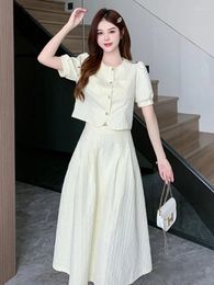 Work Dresses French Women Small Sweet Wind Hubble-bubble Sleeve Suit Jacket Bust Skirt Tall Waist Set Vintage 2024 Summer