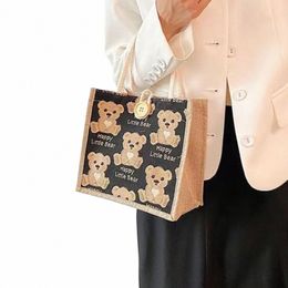 korean Cute Bear Linen Tote Bag Commuter Lunch Bag Sturdy Durable Wable Large Capacity Dirty Resistant Beige Bear Bag Q9W6#
