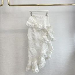 Skirts Silk Linen High Quality Elegant White Hollow Out Embroidery Lace Patchwork Irregular Midi Skirt Women Clothing