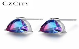 CZCITY Luxury Rainbow Topaz Stud Earrings Real 100 925 Sterling Silver Fashion Women Earring Jewellery Whole 2106184166866