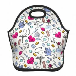 nursing Pattern Nurse Portable Neoprene Lunch Boxes for Women Health Care Cooler Thermal Food Insulated Lunch Bag Office Work r2nX#