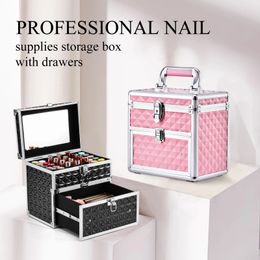 Portable Makeup Box Alloy Make up Train Case Manicure Polish Storage Organzier Beauty Suitcase with Mirror Drawer for Nail Tech 240416