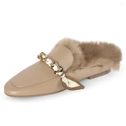 Casual Shoes Women's Cow Leather Fur Inside Slip-on Flats Winter Mules Round Toe Soft Comfortable Slides Chain Decoration