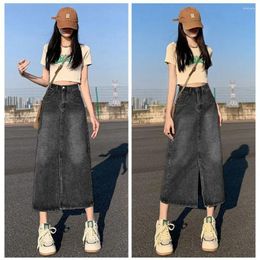 Skirts High Waisted Split Denim Skirt Korean Thin Spring Summer Mid Length Loose Vintage Blue Straight Women Girl