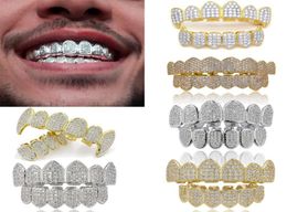 18K Real Gold Punk Hiphop Dental Mouth Grillz Braces Bling Cubic Zircon Rock Vampire Teeth Fang Grills Braces Tooth Cap Rapper Jew7017710